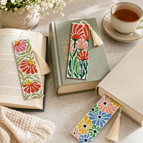 5 Pack 70s Retro Floral Cross Stitch Bookmark Kits for Adult Beginners - color: Mid-Century Modern Flower Bookmark