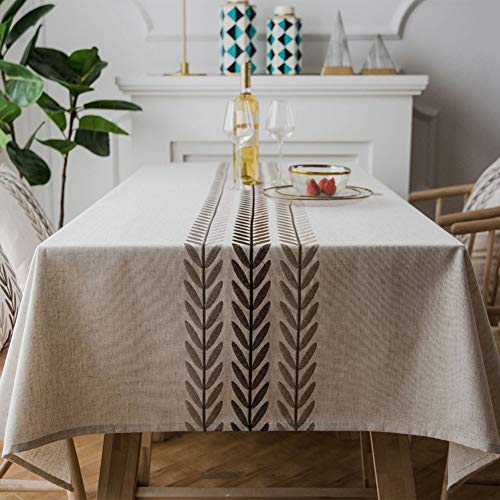 AMZALI Water Proof Table Cloth Elegant Embroidery Leaf Pattern Wrinkle Free Heavy Weight Cotton Linen Tablecloth Decorative Fabric Table Cover for Outdoor and Indoor (Rectangle,53 x 70 Inch) - size: 70" x 53" (Oblong)
