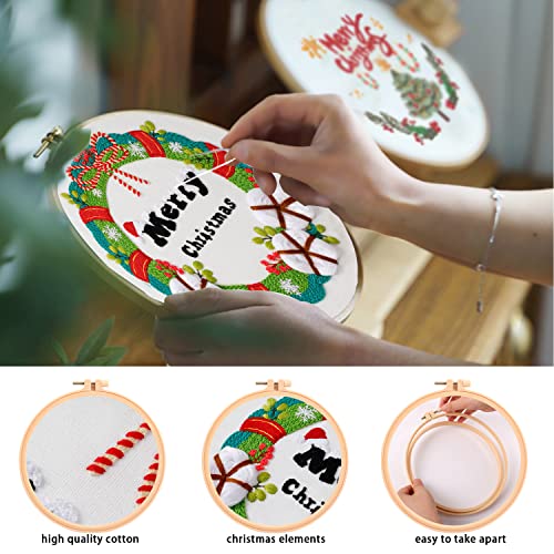4 Sets Christmas Embroidery Starter Kit with Pattern for Beginners,Merry Christmas Embroidery Kit Ornaments, DIY Cross Stitch Set with 4 Plastic Embroidery Hoops,Color Threads,Tools and Instructions - color: Xmas White Beige Blue
