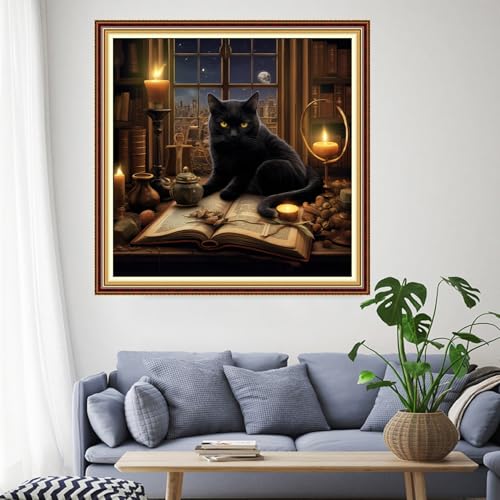 Funchey Stamped Cross Stitch Kits, DIY Cross Stitch Pattern for Adults Beginners Needlepoint Kits Embroidery Kit Arts and Crafts 11CT-Black Cat Book 18x18 inch - color: Handicraft patterns39