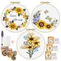 ERKOON 3 Sets Embroidery Kit, Floral Cross Stitch Set for Include Embroidery Cloth Hoops Threads for Craft Lover Hand Stitch (Sunflower) - color: Sunflower