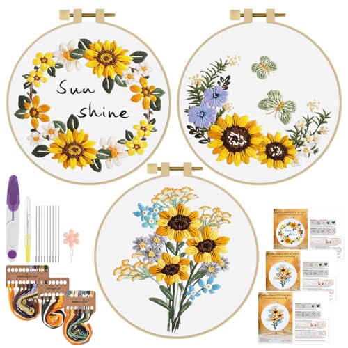 ERKOON 3 Sets Embroidery Kit, Floral Cross Stitch Set for Include Embroidery Cloth Hoops Threads for Craft Lover Hand Stitch (Sunflower) - color: Sunflower
