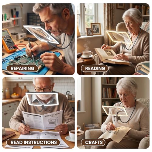 Neck Magnifying Glass with Light, 3-in-1 5X Magnification, 48 LEDs, Acrylic Lens, Adjustable Gooseneck, 3 Color Brightness Settings, Rechargeable, for Seniors Reading & Craft (Grey)