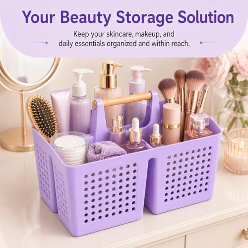 Portable Shower Caddy Basket with 3 Compartments and Handle, Purple - color: Purple
