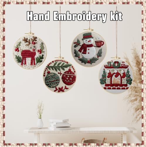 CanVrinxol 4 Sets Christmas Embroidery Kits for Adults Beginners, Cross Stitch Kits with Patterns, Hoops, Threads, Needles & Tools, DIY Craft Gift Ideas (Christmas Collection 1) - style: Christmas Collection 1