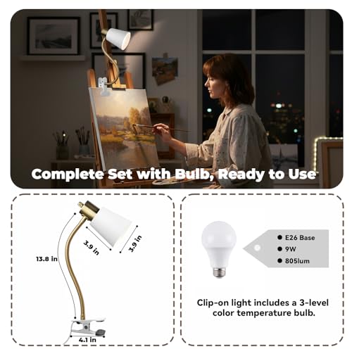 LALISU Desk lamp Eye-Caring Table Lamps 360°Rotation Gooseneck Clip on Lamp - color: White and Gold