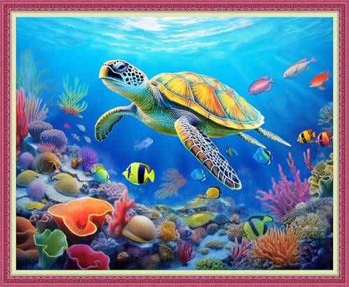 Disnesart Cross Stitch Stamped Full Embroidery Kits DIY 11CT Cotton Thread Printed DIY Needlepoint Kits Craft Needlework Set Cross-Stitch Stamped Sets-Turtle Underwater World 16x20 inch - color: Stylepattern02