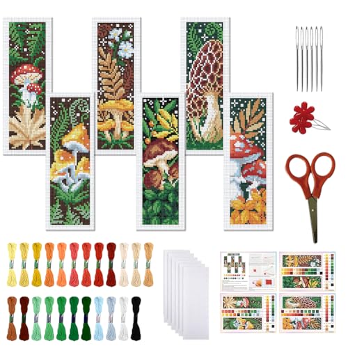 FREEBLOSS 6 Set Cross Stitch Bookmark Kit for Beginner Adults Mushroom Stamped Embroidery Bookmark Kits Cross Stitch Kits with Instruction Bookmarks Making Kit for Book Lovers 8x2.4in/22x8cm - style: Mushroom