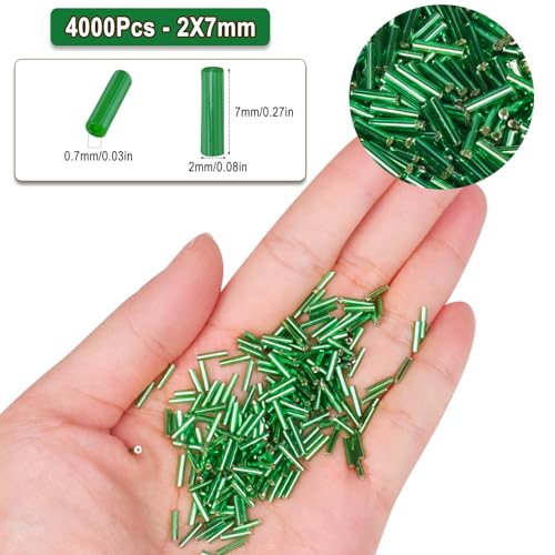 4000pcs Dark Green Bugle Beads Bulk -Embroidery Beads,Long Tube Bead for Jewelry Making, Bracelet Necklaces Supplies,Craft DIY(7x2mm) - color: Dark green
