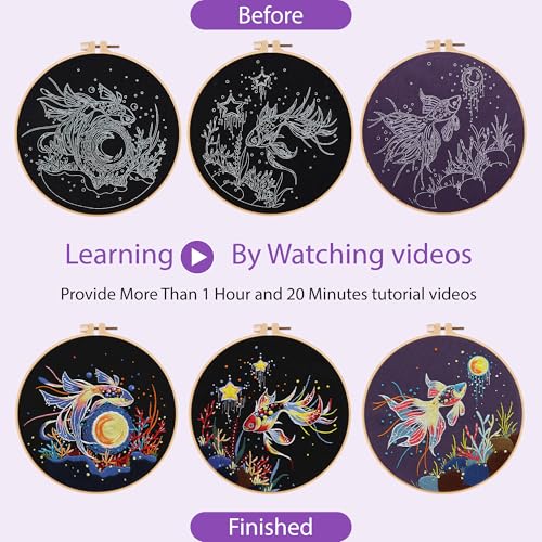 Uniartfy 3 Sets Hand Embroidery Starter Kits for Beginners Adults, Goldfish Stamped Cross Stitch Kit, DIY Needlepoint Kit with Cloth, Hoop,Threads and Instruction, Easy to Learn Embroidery Starter Kit - color: Embroidery Kit-N