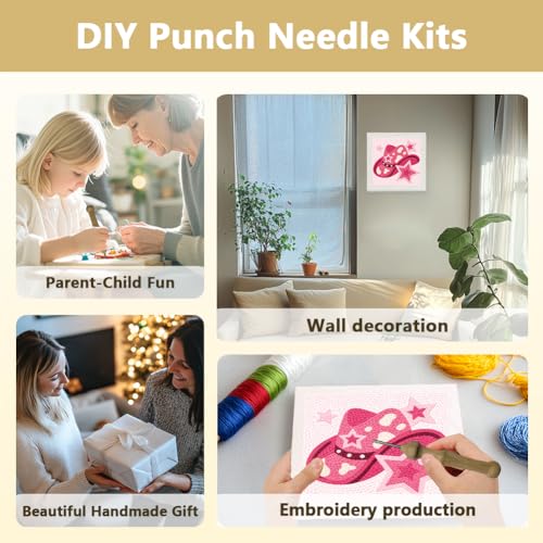 DOODLREAM Weatern Cowboy Punch Needle Kit for Beginner, 9.4"x9.4" Pink Star Hat Stitching Craft Set, DIY Embroidery Starter with Printed Frame, Instruction, Threader, Yarn, Pinch Needle - color: Pink Star Hat