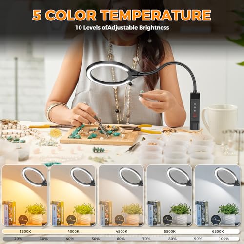 15X Magnifying Glass with Light and Stand, 5-Color & 10 Lightness Level - color: Black