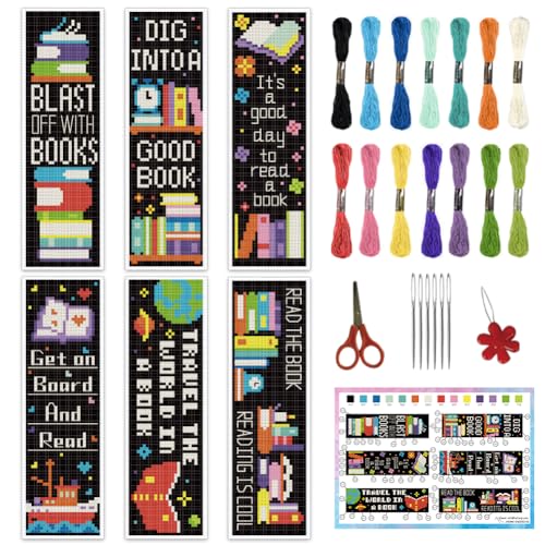 INFUNLY 6PCS Book Theme Cross Stitch Bookmark Kits 8''x2.4'' Study Bookmark Making Kit Good Book DIY Stamped Embroidery Bookmarks for Beginners with Instruction for Book Lovers Reader Writers Gift - style: Book Theme
