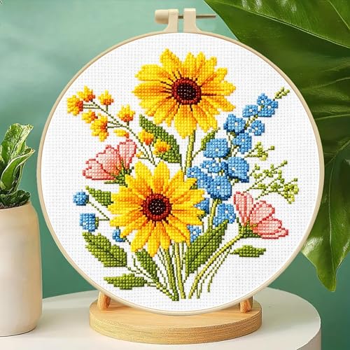 Zhenqing Sunflower Bouquet Cross Stitch Kit for Beginners - Complete Set with Pre-Printed 11CT 24x24cm Fabric, Hoop & Threads(65637) - color: 65637