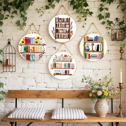 FREEBLOSS 4 Set Embroidery Kit Bookshelf Pattern Stamped Embroidery Starter Kit with Step by Step Instructions, Colored Threads, 2 Hoops, Needlepoint Kits for Hand Craft Lovers Gift, 30cm/11.8inch - style: Book Shelf