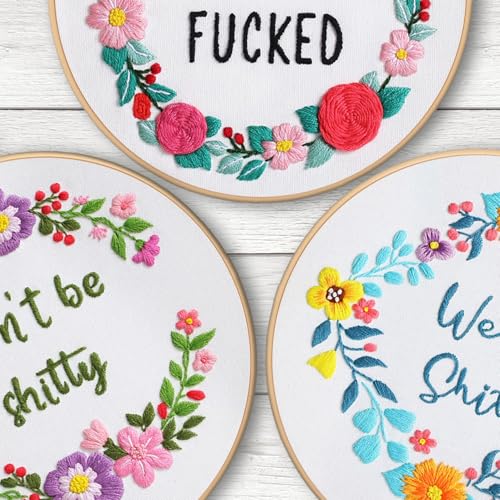 Louise Maelys 3 Sets Funny Embroidery Kits for Beginners - color: kit-12