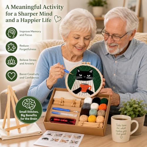CELCRAFTIQUE Punch Needle Kits for Adults Beginner, Tool with Punch Needle Fabric, Hoops, Yarns and Sewing Needles (Coffee Cat) - color: Coffee Cat