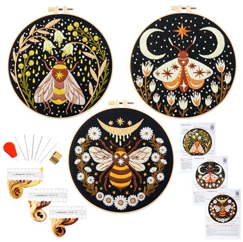 Hand Embroidery Starter Kits for Beginners Adults, Counted Stamped Cross Stitch Kit for Beginners Adults, Embroidery Needlepoint Kit with Moth Flower Pattern, 3 Hoops (Attached Teaching Video QR Code) - color: Moth