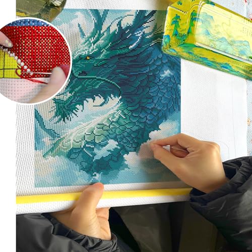 Zhenqing Dragon Stamped Cross Stitch Kit for Beginners, 11CT Printed Full Coverage Blue Green Chinese Dragon Pattern, 40 x 50 cm Fantasy Animal Embroidery Needlework Set, No Hoop Needed - color: Misty Blue Dragon