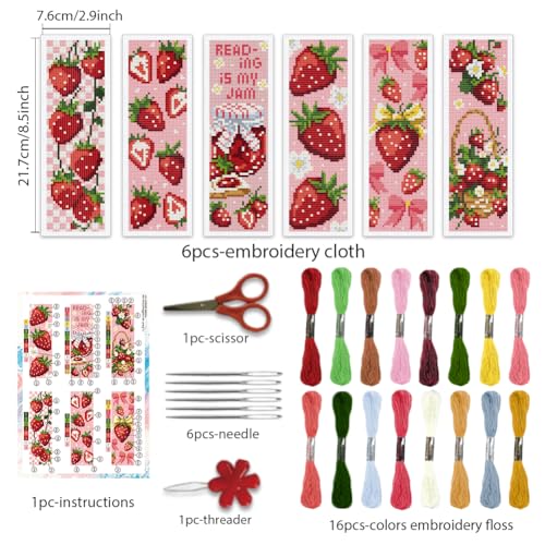BEUNITONE 6PCS Cross Stitch Bookmarks Kit for Adults Beginners,Strawberry Book Mark DIY Stamped Embroidery Bookmark Kits with Backing Felt Floss,8.5''x3'' Page Markers for Students Teachers Reading - style: Strawberry