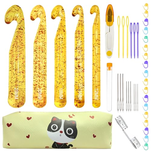43 Pcs Large Crochet Hooks Set,12mm 15mm 18mm 20mm 25mm Large Crochet Hooks for Chunky Yarn,Plastic Crystal Smooth Big Crochet Needles for Handmade DIY Crochet with Storage Bag - color: Yellow
