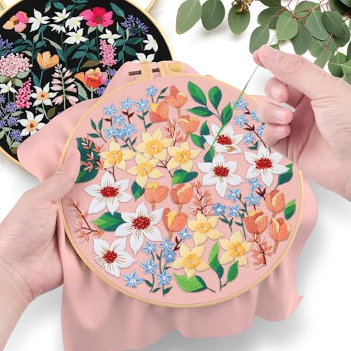 ERKOON Embroidery Kit for Beginners Adult, 2 Set Floral Cross Stitch Set Include Embroidery Cloth Hoops Threads for Craft Lover Hand Stitch with Embroidery Skill Techniques (Flower) - color: Flower
