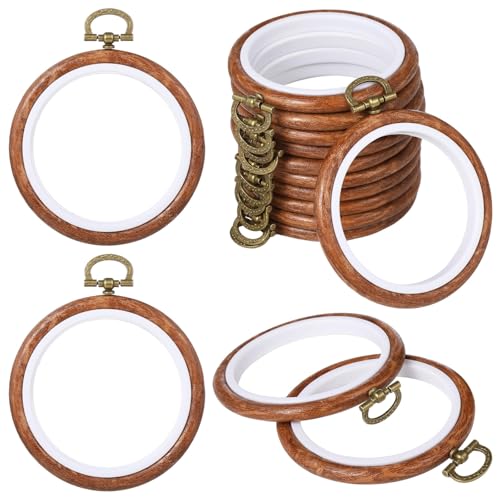 15 PCS Round Embroidery Hoops - 3.7 Inches Imitated Wood Circle Rubber Hoop Frames, Cross Stitch Ornament Hoop Ring, Hanging Wood-Like Frame for DIY Embroidery Art Craft Sewing