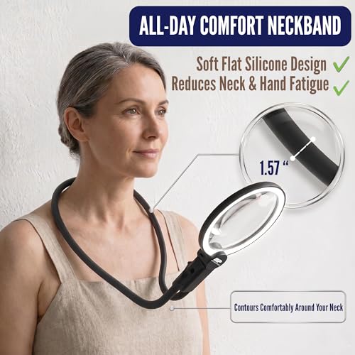 MAGNIPROS Hands-Free Magnifying Glass with Light for Seniors, 5X/10X Rechargeable GooseNeck Magnifier, 3 Color Light Modes, LCD Display, Reading, Sewing, Crafts