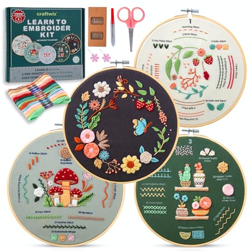 Craftwiz Embroidery Kit for Beginners, 4 Patterns, Learn 31 Stitches