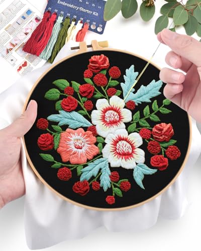 ERKOON Embroidery Kit for Beginners, Flower Cross Stitch Set for Include Embroidery Cloth Hoops Threads for Craft Lover Hand Stitch with Embroidery Skill Techniques (Dream Black Cloth) - color: Dream Black Cloth