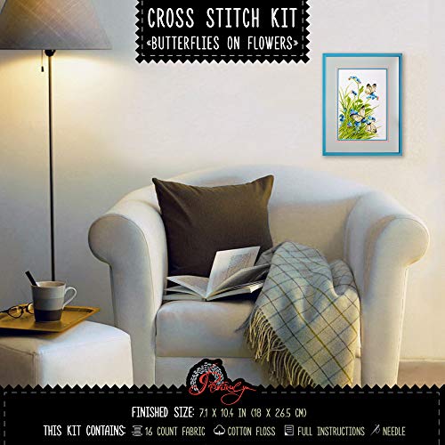 Povitrulya Counted Cross Stitch Kit 'Butterflies on Flowers' - Hand Embroidery Set - color: Butterfly