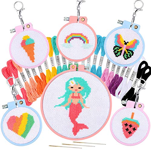 Pllieay 6 Pcs Cross Stitch Kits for Beginners for Kids 7-13 - size: Round Embroidery Hoops