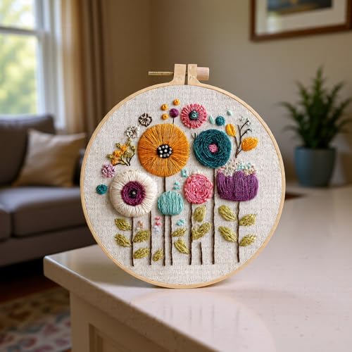 Embroidery Kit for Beginners & Adults Starter Kit, Cross Stitch Kits,DIY Hand Embroidery Needlepoint Set with Hoop, Pre-Printed Fabric, Threads and Instructions (Flower-3) - color: Flower-3