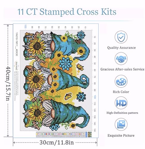Baipisan Cross Stitch Kits for Adults - Gnome Stamped Crossstitching Kits Preprinted 11 Count Cross-Stitch Kit for Beginner, 11CT Prestamped Easy Pattern Needlepoint Kits Crafts for Decor