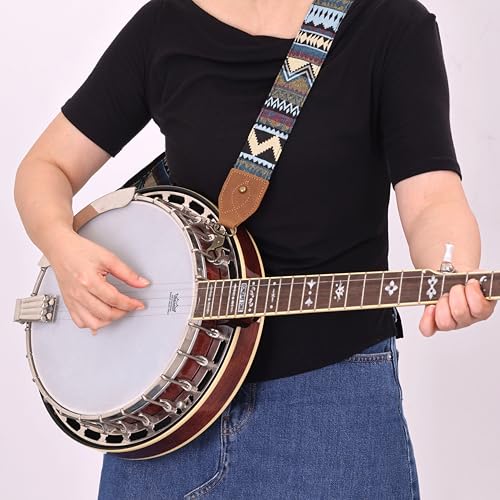 Nefelibata Banjo Strap,2"Wide Double Crazy Horse Leather Jacquard Embroidery Strap Adjustable Replacement,Multi-pattern Strap With Metal Clips - color: A#-Ethnic Green-01