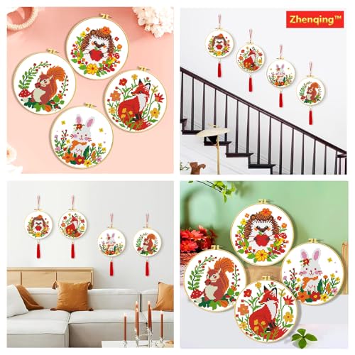 Zhenqing 4 Pack Woodland Animal Stamped Cross Stitch Kit, 11CT Printed Fox Squirrel Hedgehog Bunny Patterns with Hoop and Tools for Adults and Beginners - color: Fox Squirrel Hedgehog Bunny