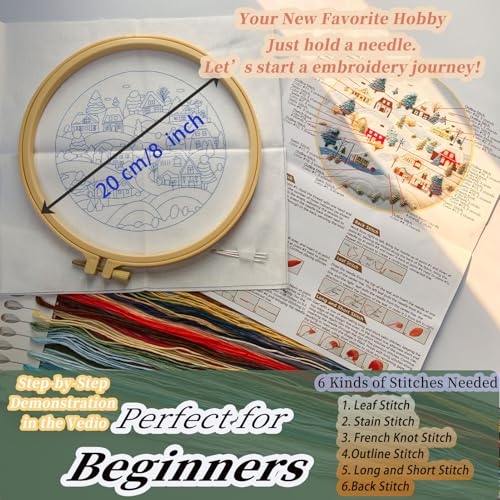 FONNUY Crewel Christmas Embroidery Kit for Beginners, Cross Stitch Set Winter Snow Scene Pine Owl Pattern for Adults, Easy to Follow Color Thread Needlework, 8'' Hoop (Snow Village) - style: Snow Village