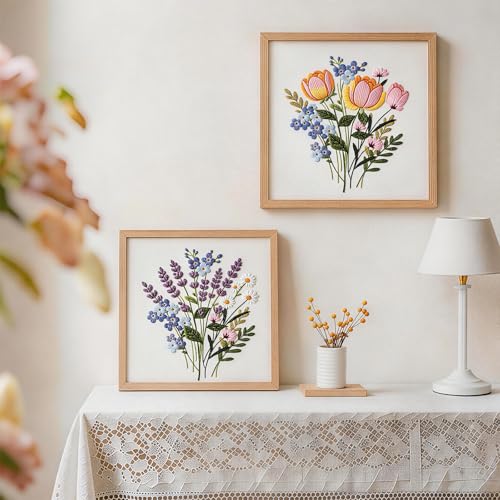 FooGuila Embroidery Kits for Adults, 5-pcs Ebroidery Kit Flowers, Stamped Cross Stitch Kits Floral Embroidery Patterns, Cross Stitch Kits for Adult,Ideal Screen-Free Crafts Gift for Women