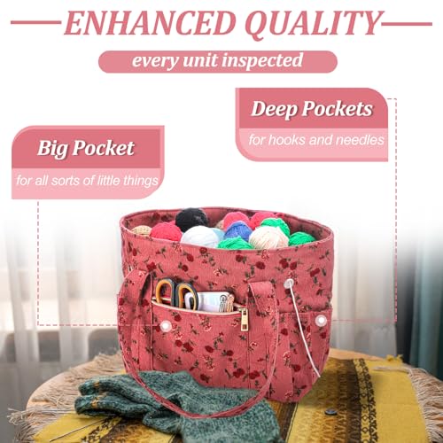 Bulyoou 2 Pcs Crochet Tote and Yarn Bag Set Corduroy Yarn Holder, Flower