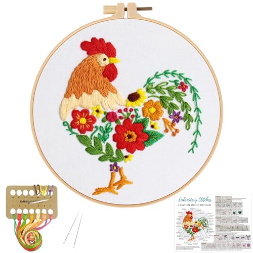 Louise Maelys Embroidery Kit for Beginners with Funny Rooster and Flower - color: Rooster