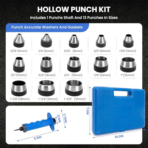 Hollow Punch Set with Pin Point Punch Shaft, 3/16 to 1-3/8in