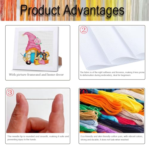 VIGEGU Gnome Stamped Cross Stitch Kits for Adult Beginner with Wooden Frame - color: Gnome Sewing Machine