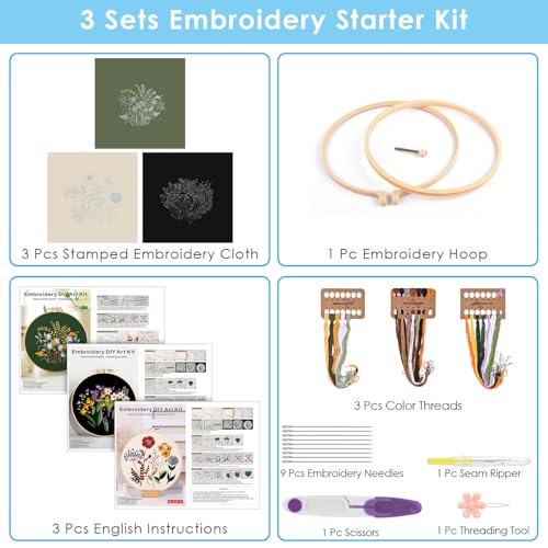 ERKOON 3 Sets Embroidery Kit, Floral Cross Stitch Set for Include Embroidery Cloth Hoops Threads for Craft Lover Hand Stitch (Plants & Flowers) - color: Plants & Flowers