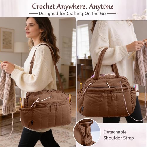 MYBAGZING Large Crochet Bag Organizer w/Crochet Hook Case & Yarn Grommets - color: Brown