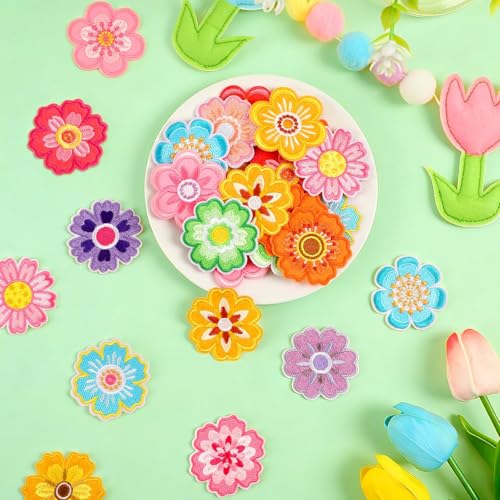 AUGSUN 36pcs Flower Iron on Patches Colorful Floral Sew Applique - style: Floral