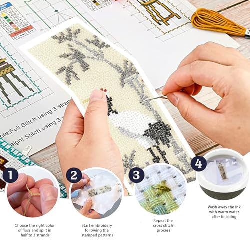 FREEBLOSS 6 Set Cross Stitch Bookmark Kit 11 CT Complete Stamped Cross Stitch Kit DIY Embroidery Bookmark Kits for Adult Beginners with Instructions, Crane Pattern, 6 x 20 cm/8" x 2.4" - style: Crane