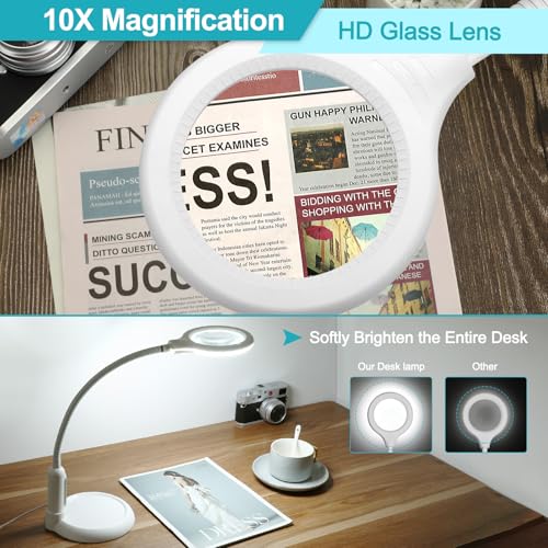 10X Magnifying Glass with Light and Clamp, 5 Color Modes Stepless Dimmable Lighted Magnifier with Stand, Flexible Gooseneck LED Desk Lamp Hands Free for Craft Painting Hobby Close Work - color: White, size: 10X