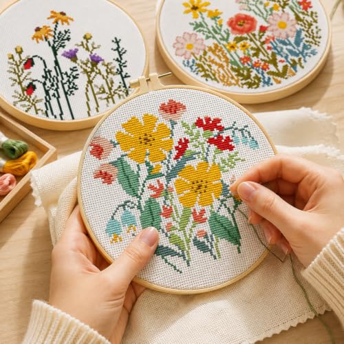 3 Pack Stamped Cross Stitch Kits for Beginners-Wild Flowers,with Hoop - color: Wild Flowers-2607
