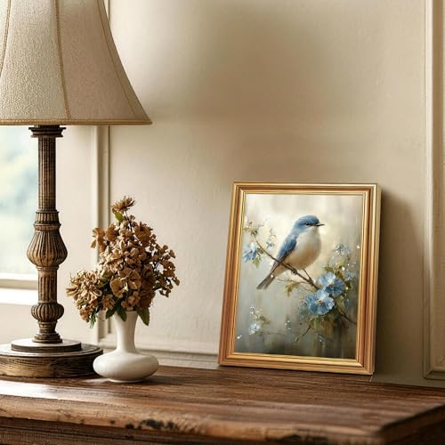 Wojuin Framed Vintage Blue Bird Floral on Branch Canvas Wall Art 8x10 inch - color: Bird, size: 10"L x 8"W