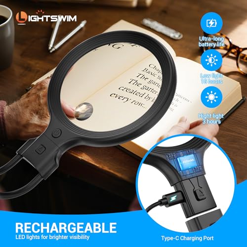 Neck Wear Magnifying Glass with Light for Close Work, 5.5 Inch 5X Handheld Lighted Magnifier for Reading Books, Included 2PCS Upgrade 10X Small Magnify Glasses with Protective Sheath